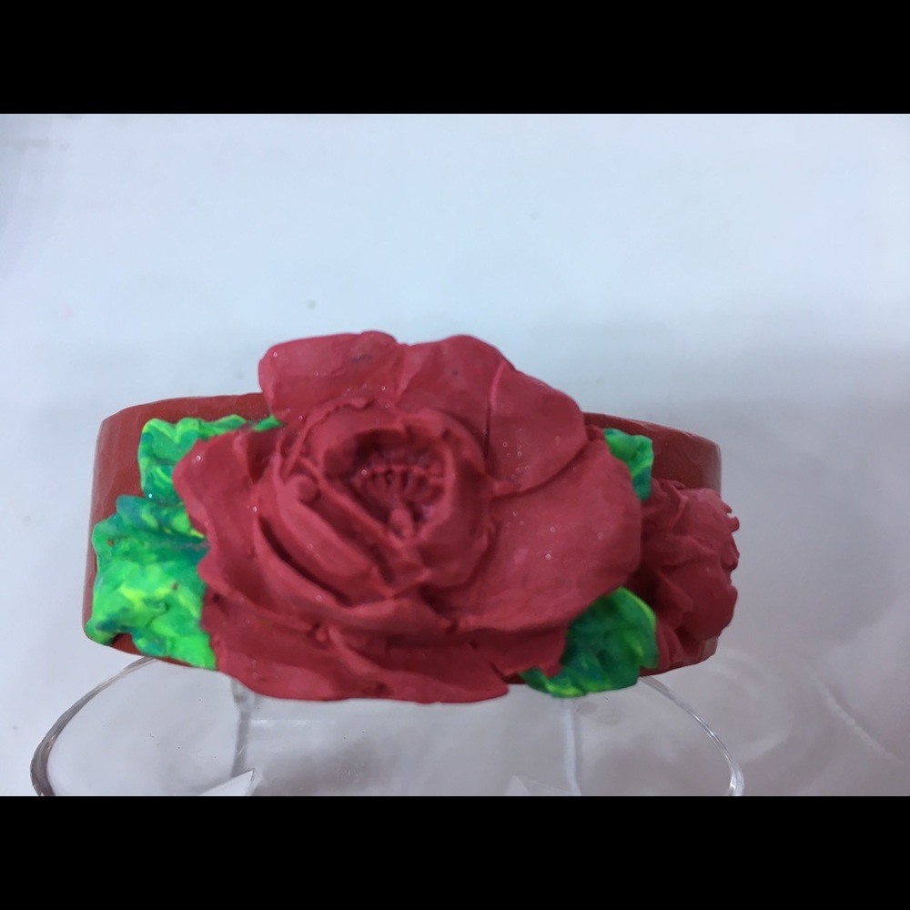 Handmade Red Rose Cuff Bracelet, Romantic Artisan Jewelry Polymer Clay Bracelet - Picture 5 of 9